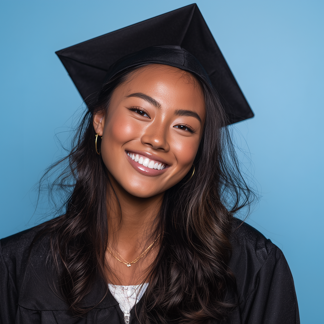 Smiling graduate in black cap and gown against a blue background