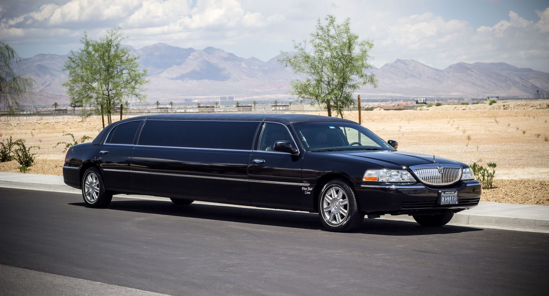 A black limousine is parked on the side of the road.