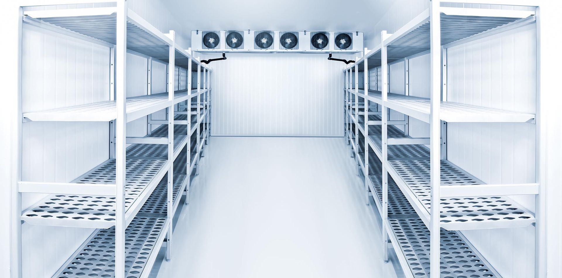 White empty industrial cold-storage room with metal shelving units and cooling fans at the far end