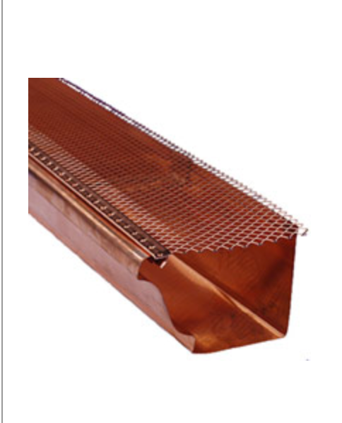 Copper rain gutter components, close-up view.