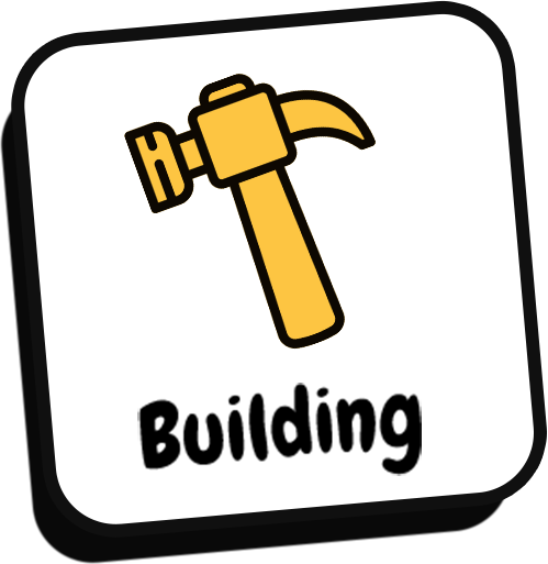 A yellow hammer is in a square with the word building below it.