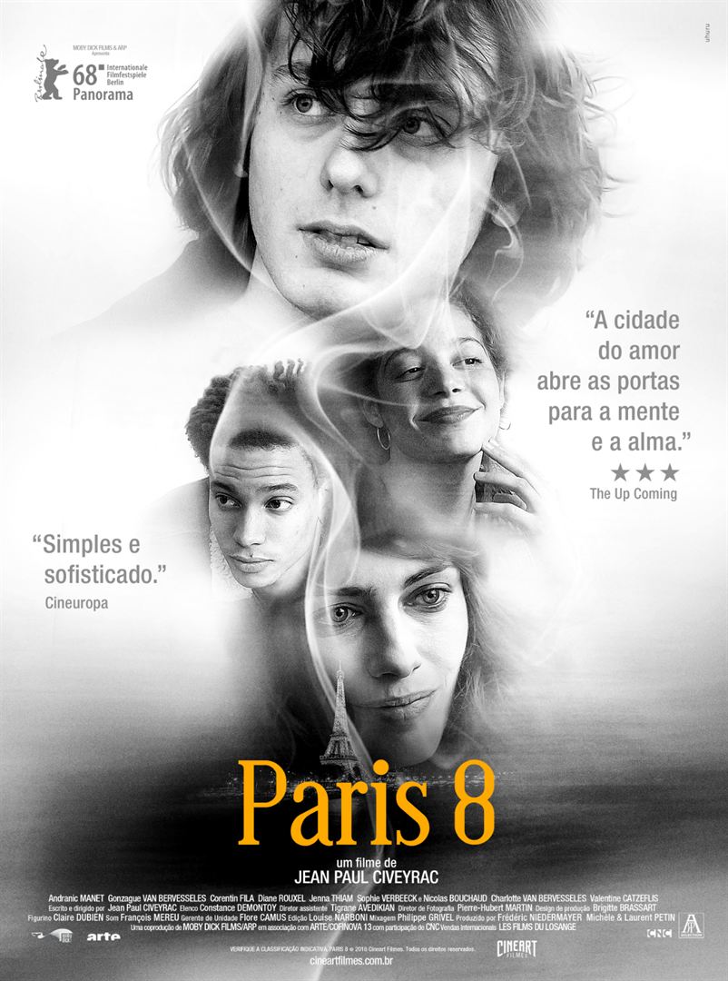 Um pôster do filme paris 8 mostra o rosto de um grupo de pessoas.