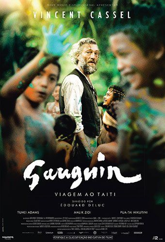 Um pôster do filme Sanginin de Vincent Cassel mostra um homem parado na frente de um grupo de crianças.