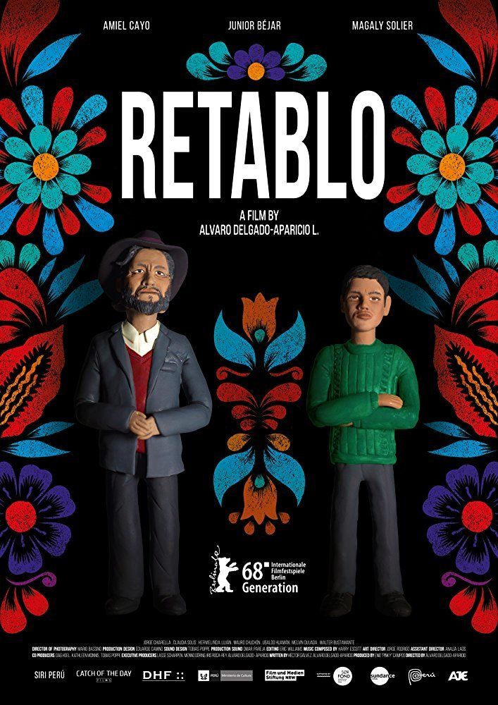 Um pôster do filme retablo mostra um homem e um menino um ao lado do outro.