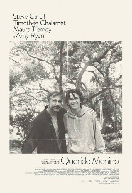 Pôster do filme querido menino com steve carell timothee chalamet maura tierney e amy ryan