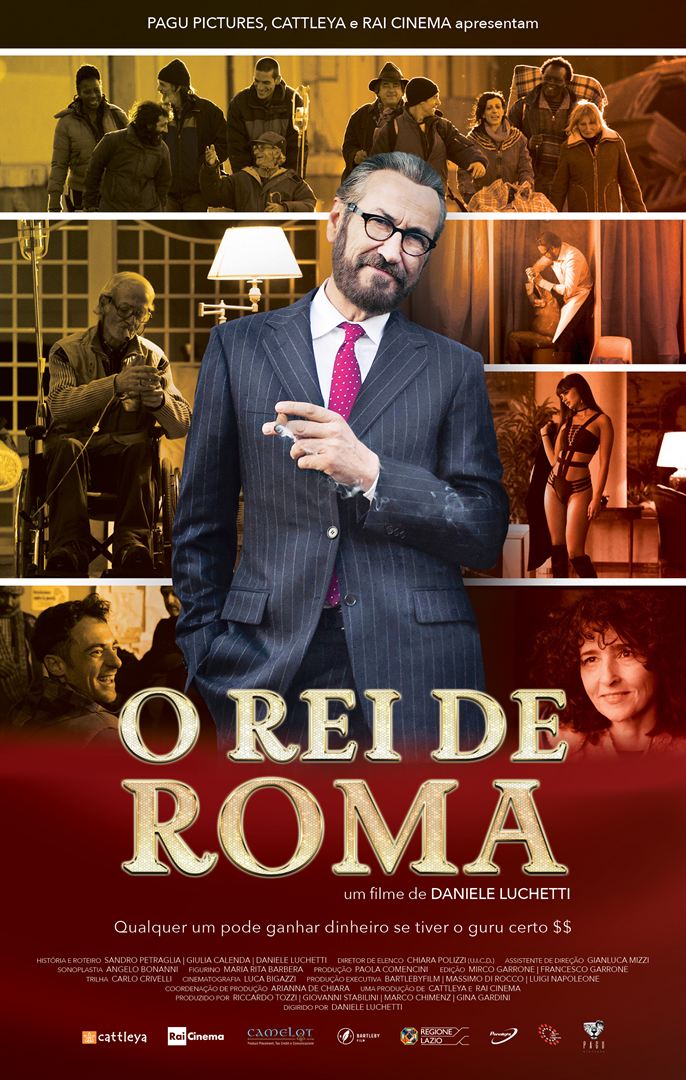 Um pôster do filme o rei de roma mostra um homem de terno e gravata segurando uma taça de vinho.