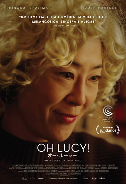 Um pôster do filme Oh Lucy mostra uma mulher com cabelos loiros