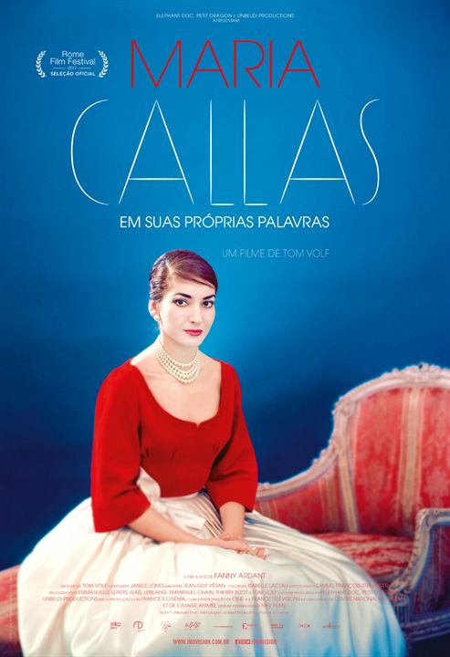 Um pôster do filme de maria callas mostra uma mulher com blusa vermelha e saia branca