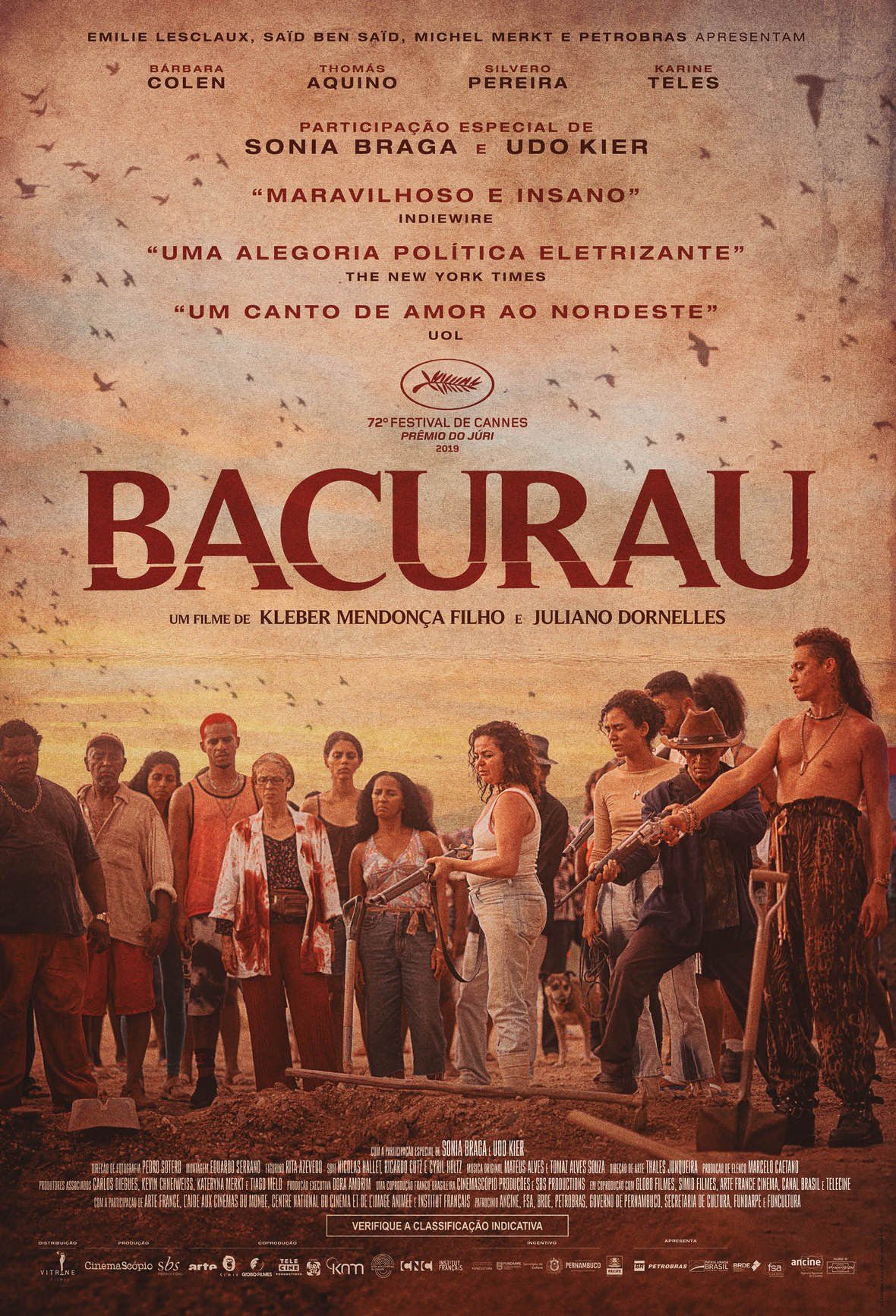 Um pôster do filme bacurau mostra um grupo de pessoas lado a lado.