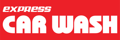 A red and white logo for express car wash