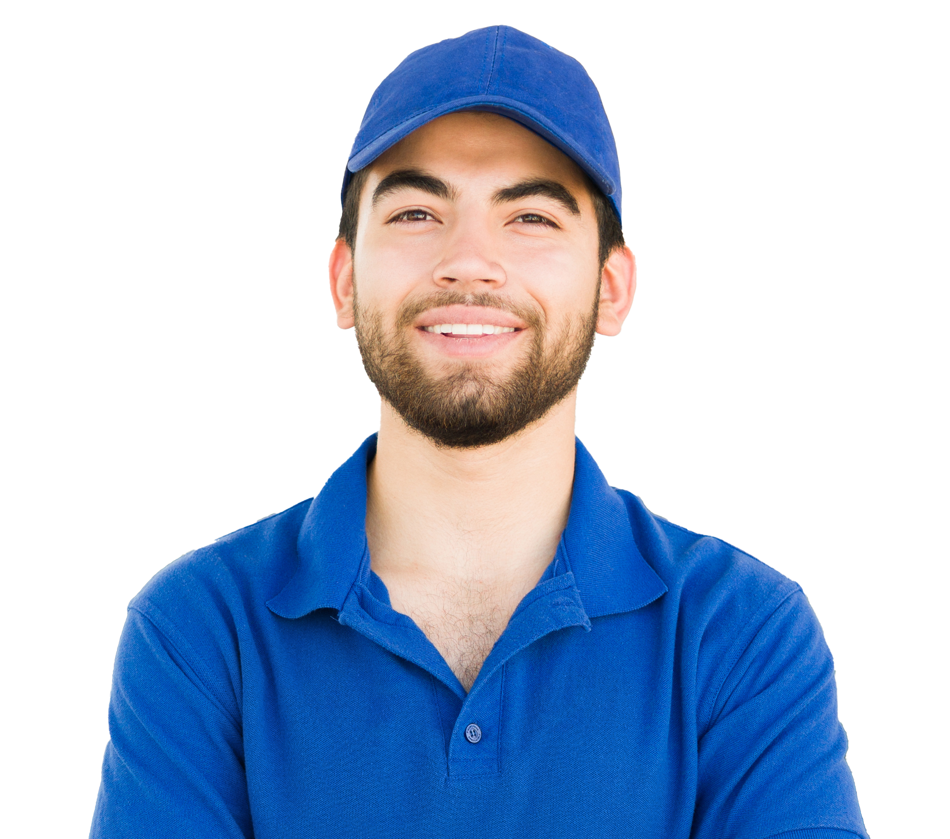 A man wearing a blue hat and a blue shirt is smiling