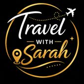 Travel With Sarah logo in white and gold with a plane, location pin, and black circular background