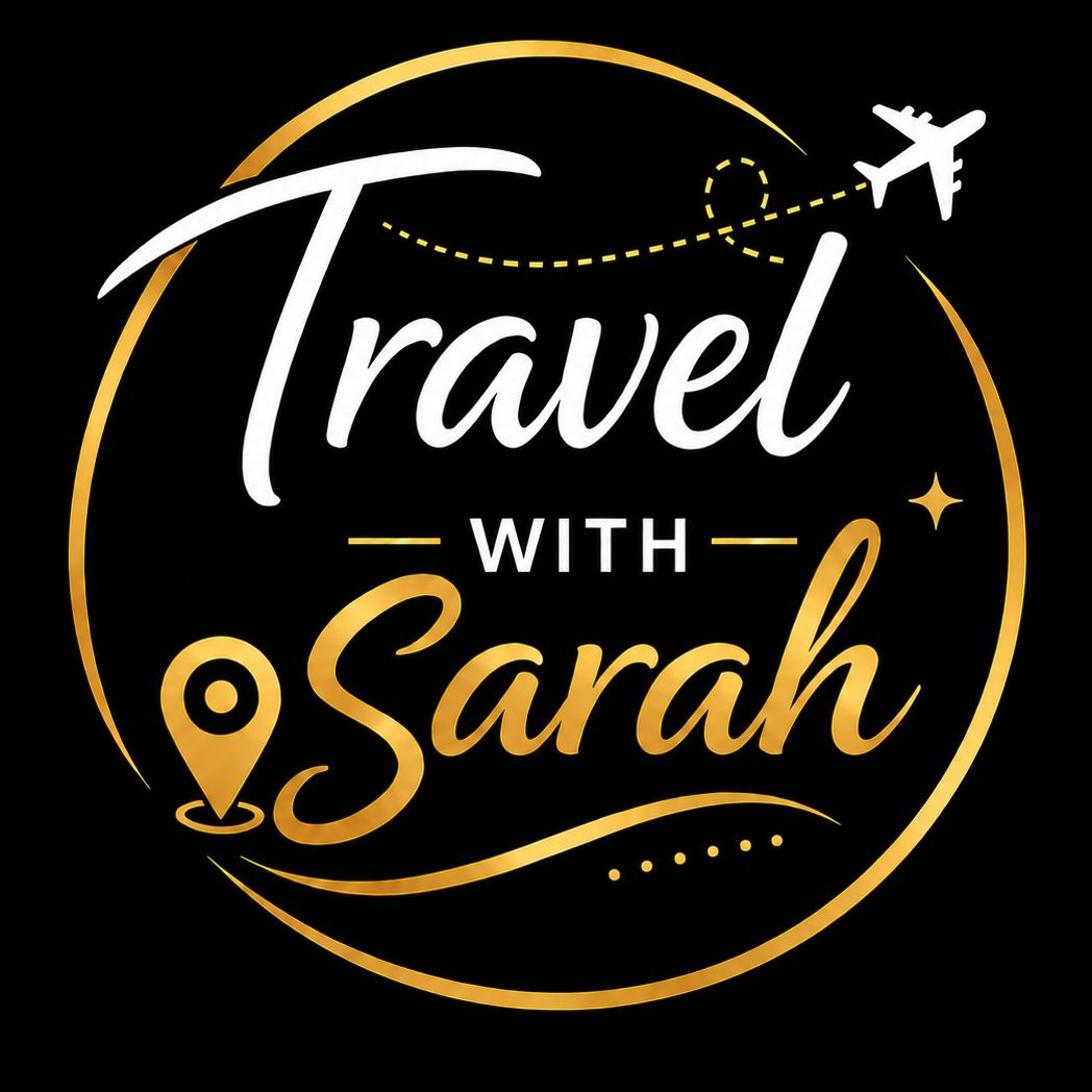 Travel With Sarah logo in white and gold with a plane, location pin, and black circular background