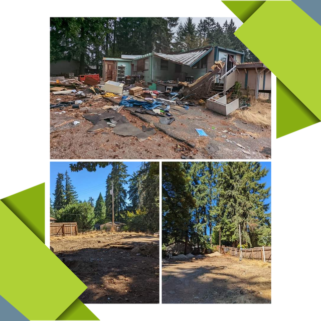 A collage of pictures shows a house that has been demolished