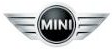 Mini Cooper logo: a silver winged emblem with a black circular center containing the word 