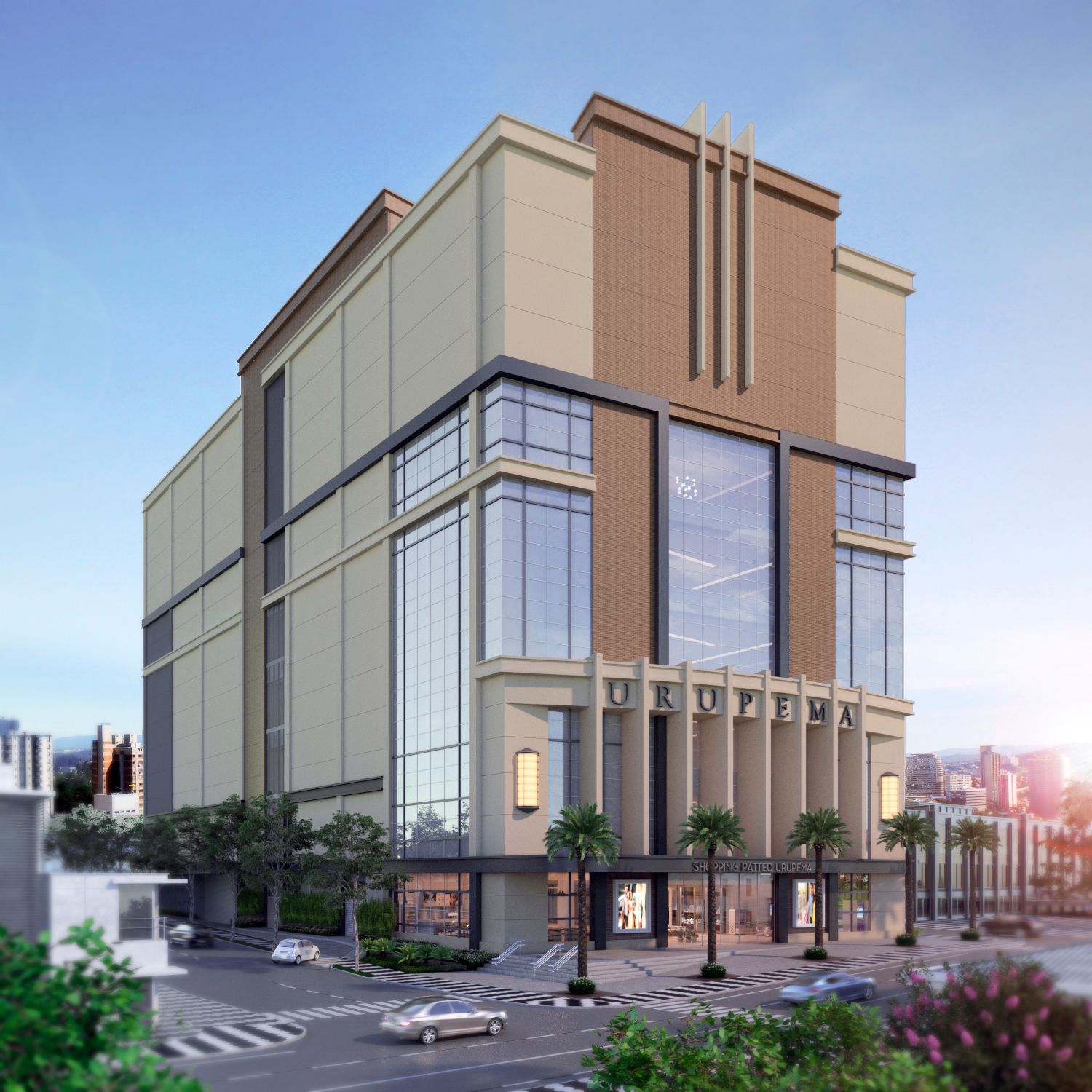 Um grande edifício com muitas janelas é cercado por árvores.