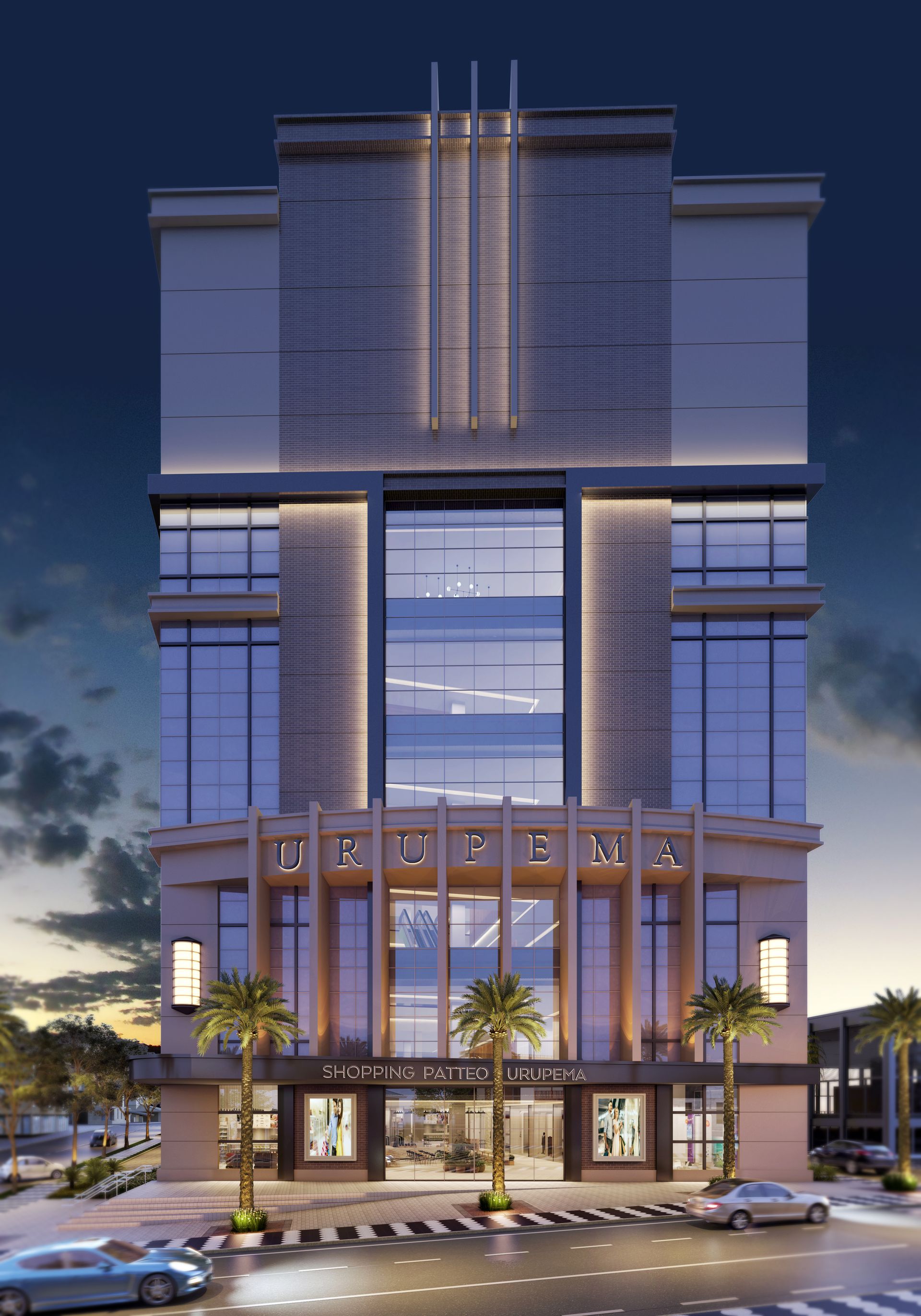 Impressão artística de um grande edifício com muitas janelas