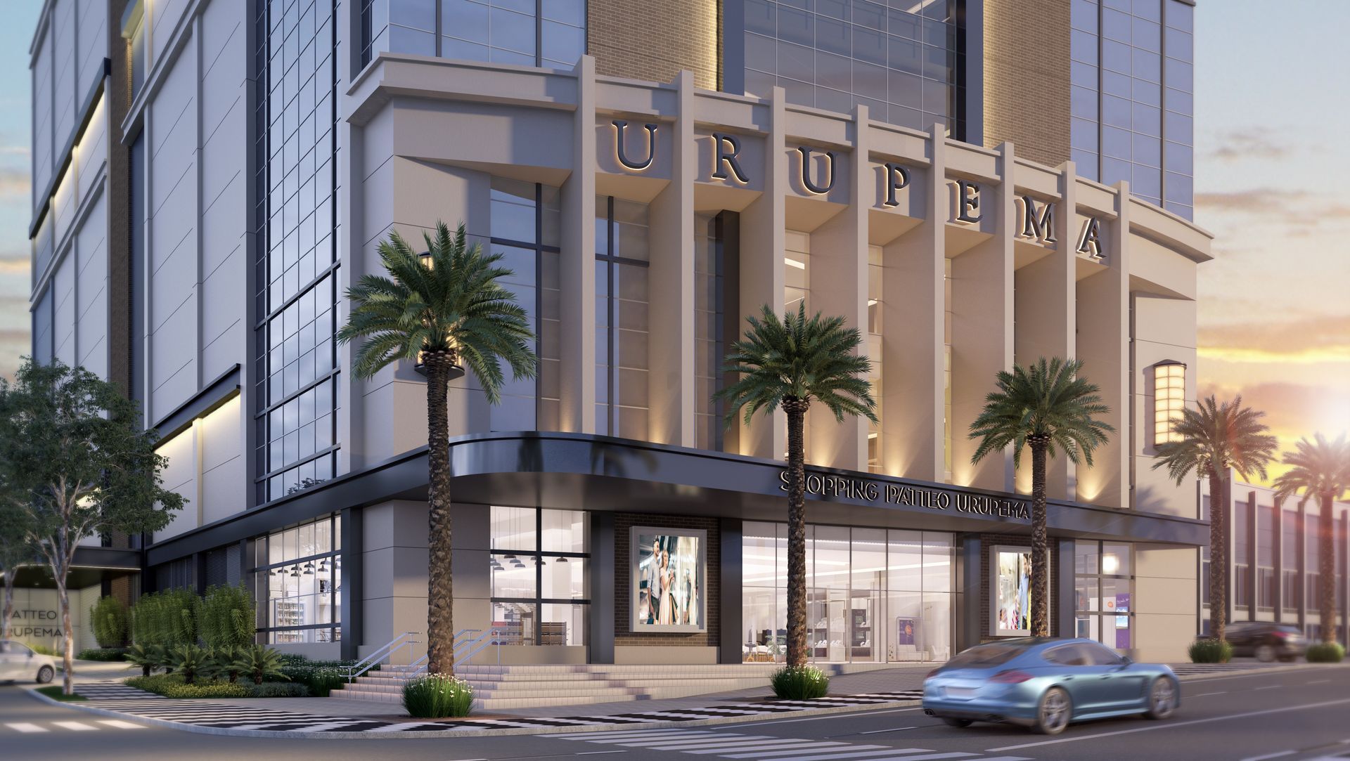 Impressão artística de um grande edifício próximo a uma rua.