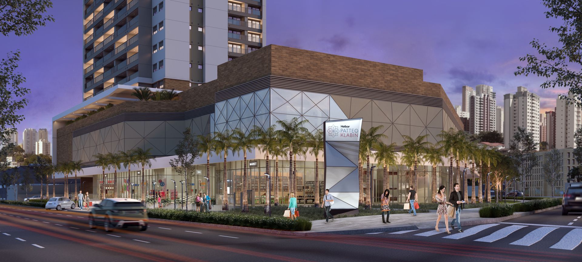 Impressão artística de um grande edifício próximo a uma rua.