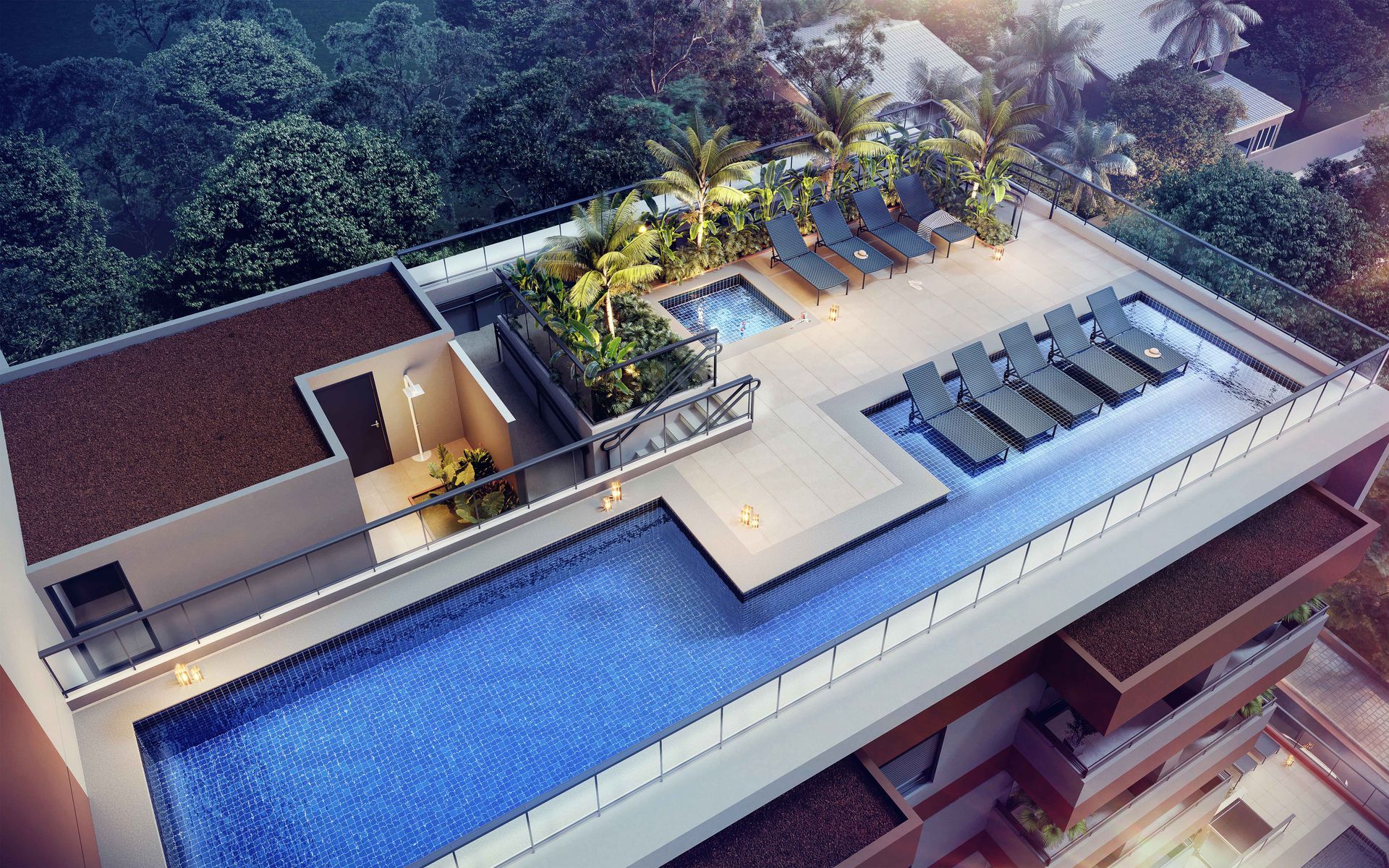 Impressão artística de um grande edifício próximo a uma rua.