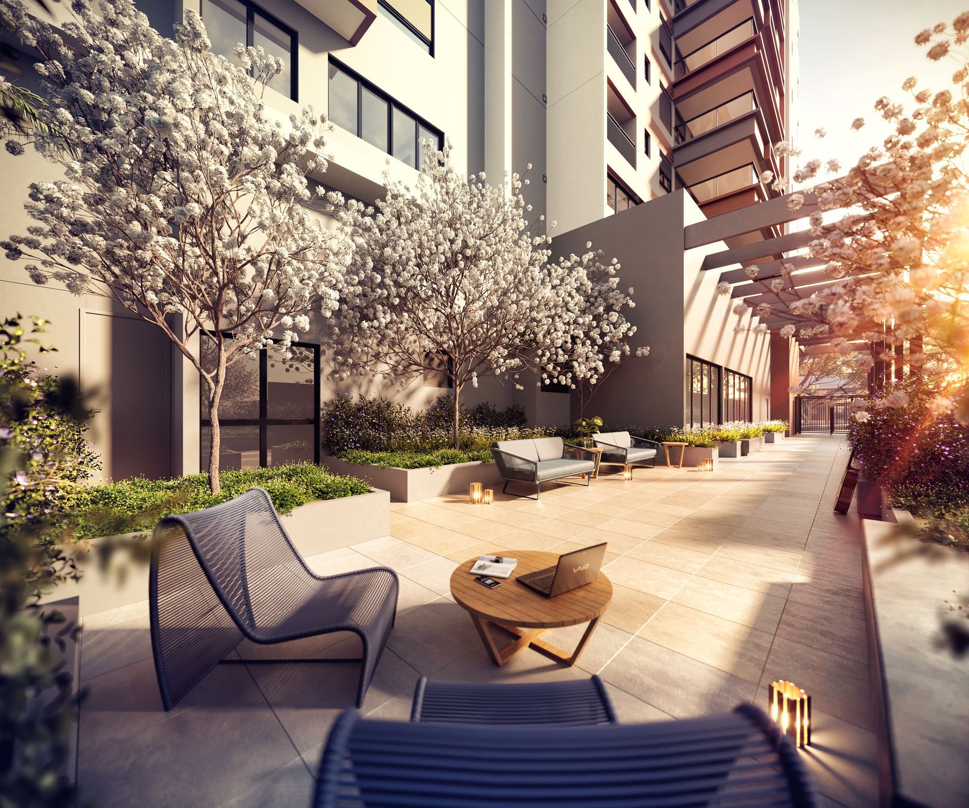 Um carro está estacionado no saguão de um prédio.