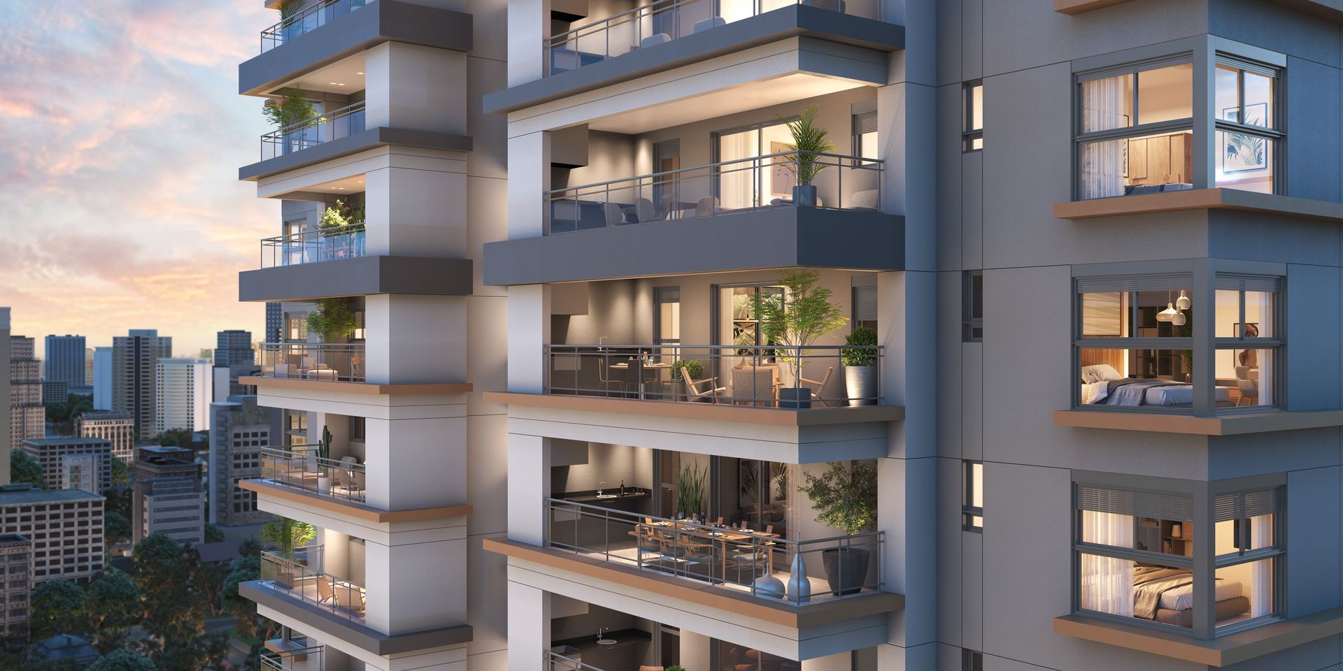 Impressão artística de um grande edifício próximo a uma rua.