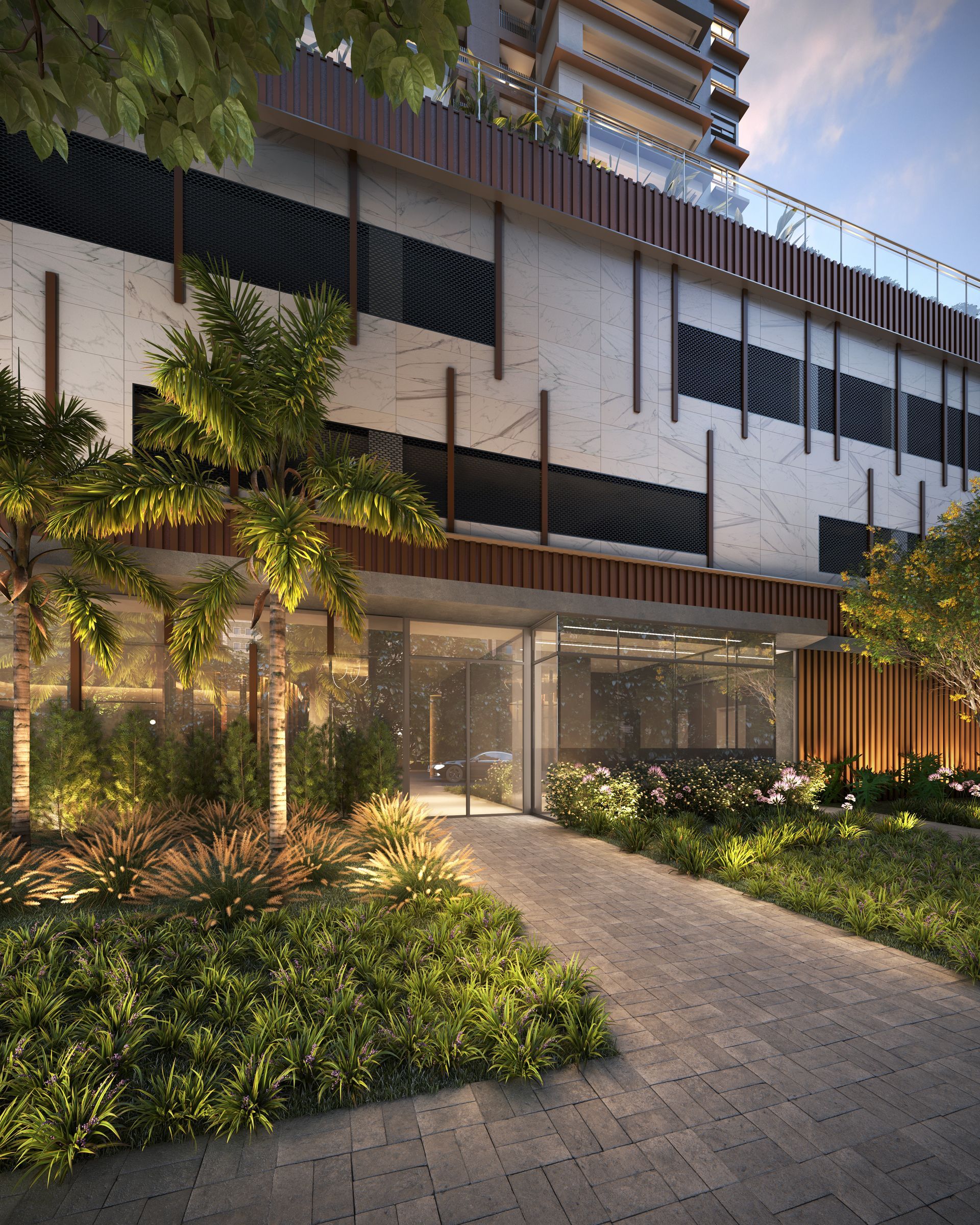 Impressão artística de um grande edifício com muitas janelas