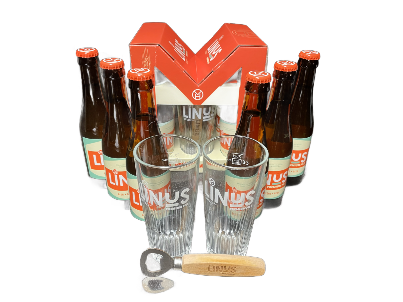M-Box unboxed Bierset met flessen, glazen en een flesopener.