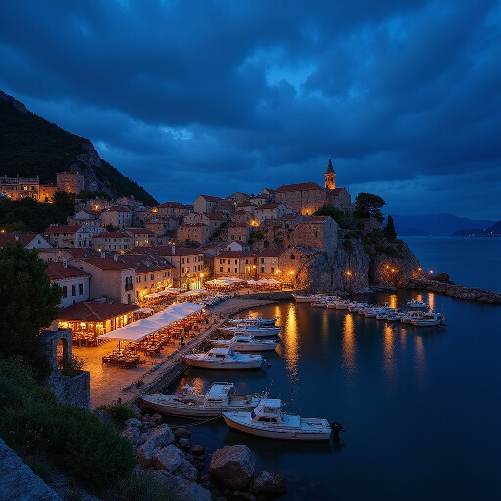Night view of a coastal town with boats in the harbor, illuminated by warm lights, against a dark blue sky.