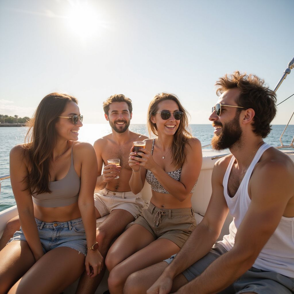 Four friends on a boat enjoying drinks and the sun. Smiling, blue water, bright sky.