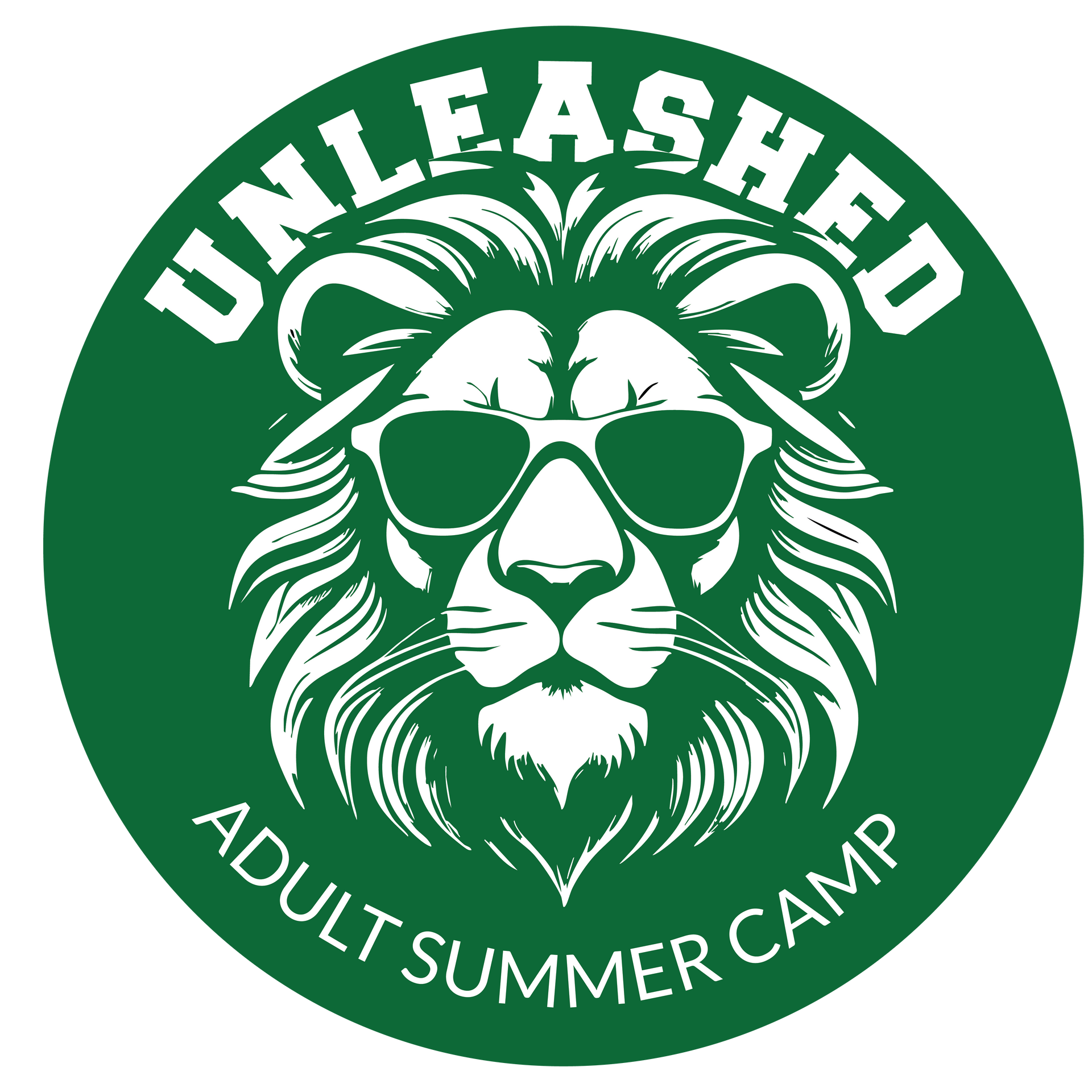 Green circle with white text and lion wearing sunglasses: 