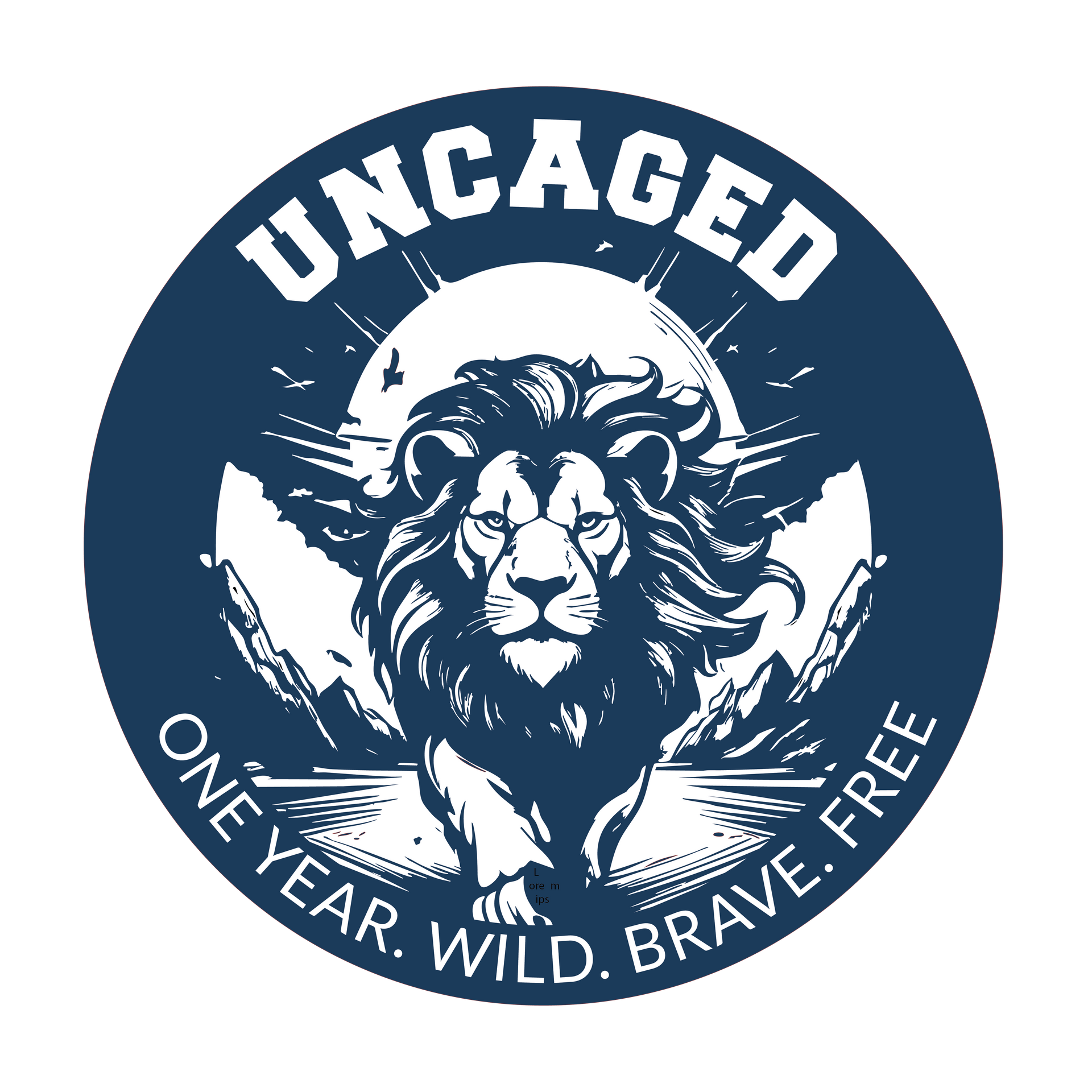 Blue and white circular logo: lion walking forward with “UNCAGED” above.