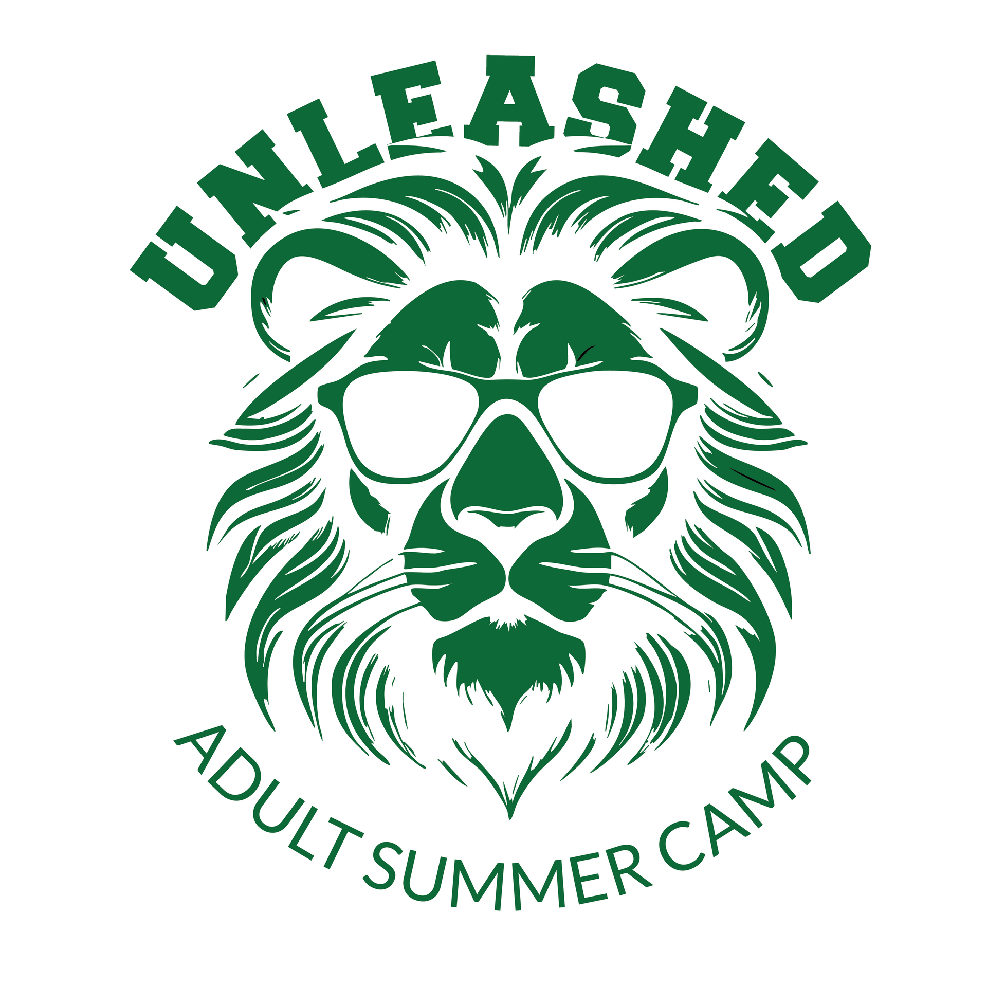 Green lion with glasses, text 