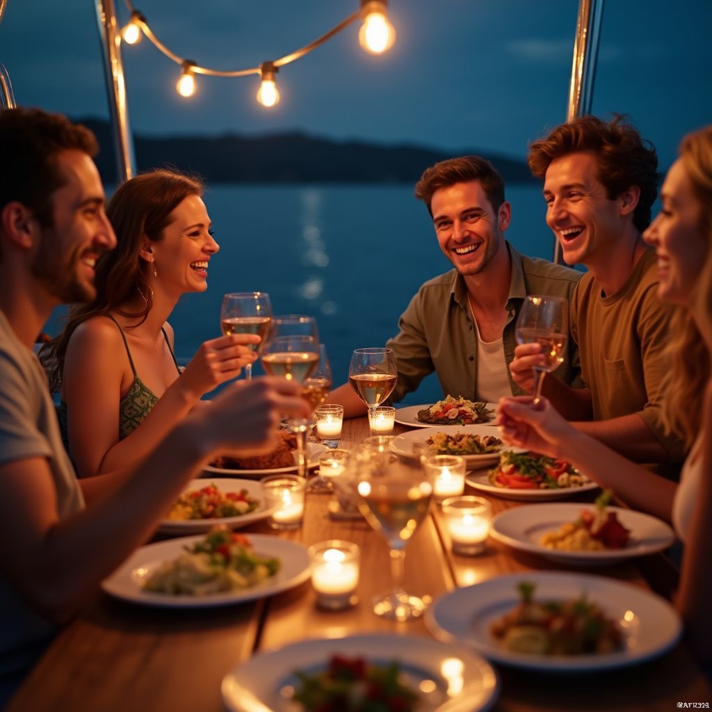 Friends laughing and dining at a table on a boat at night, lit by string lights and candles.