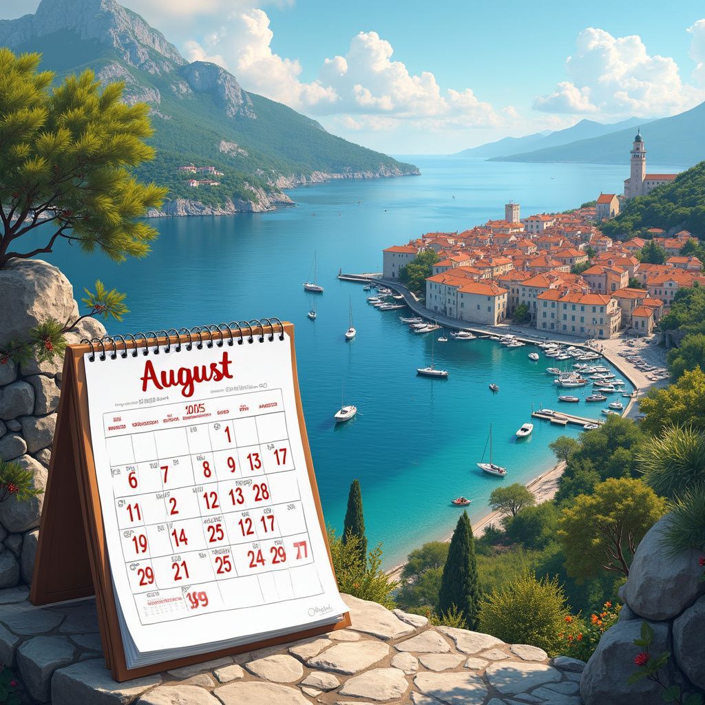 August calendar in front of a coastal town with red-roofed buildings, boats, mountains, and blue sea.