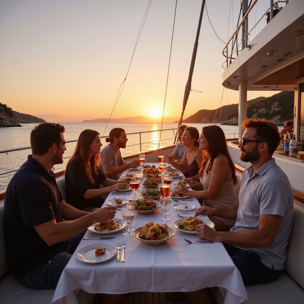 People dining at a table on a yacht, with sunset over water.