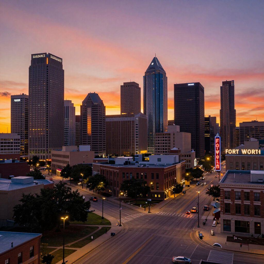 Downtown Fort Worth skyline at sunset, with tall buildings against an orange and purple sky.