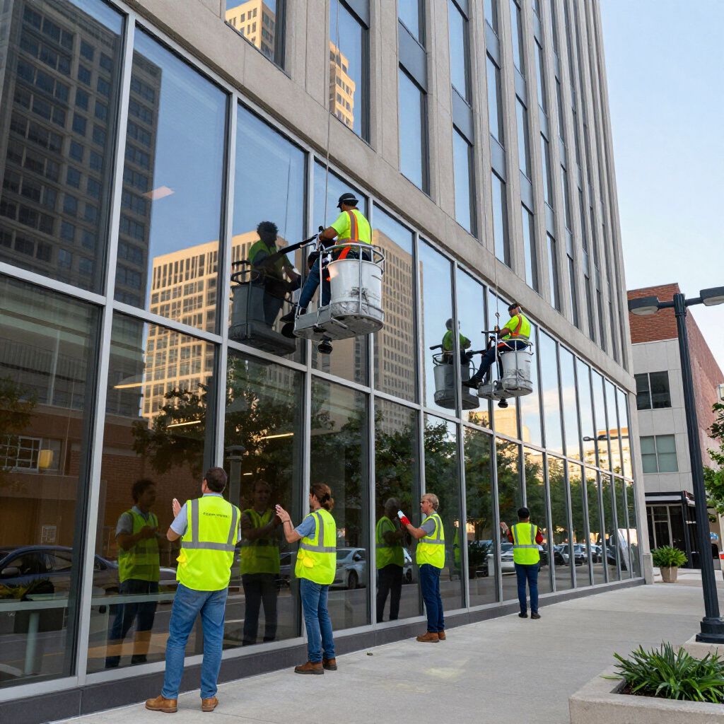Window washers in lifts clean a modern building's glass facade; ground crew directs.