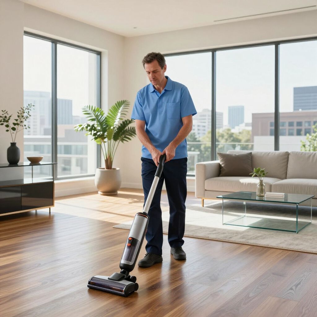 Man using a cordless vacuum cleaner on a wooden floor in a modern living room.