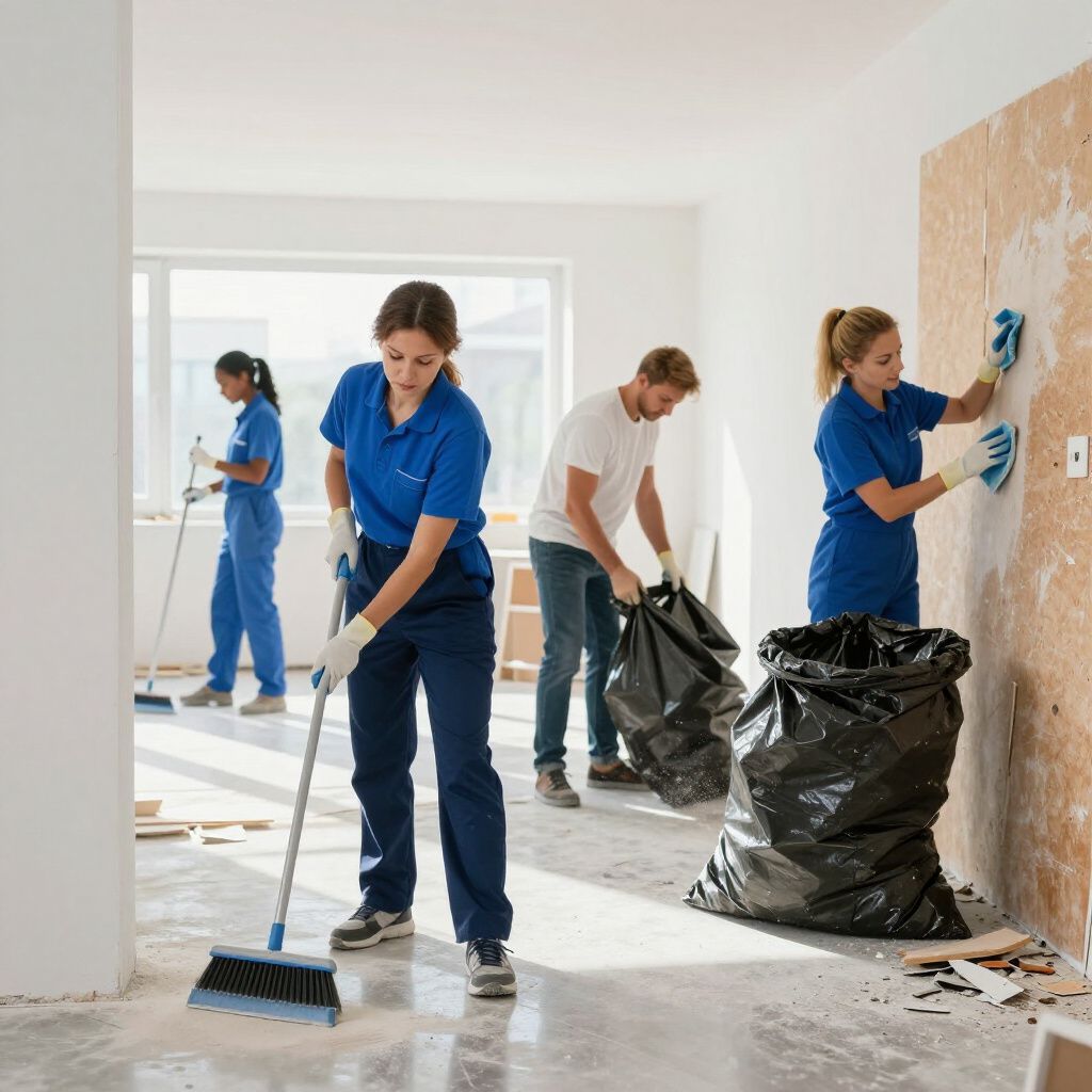 People cleaning a room: sweeping, wiping walls, carrying trash bags. Room under renovation, workers in blue uniforms.