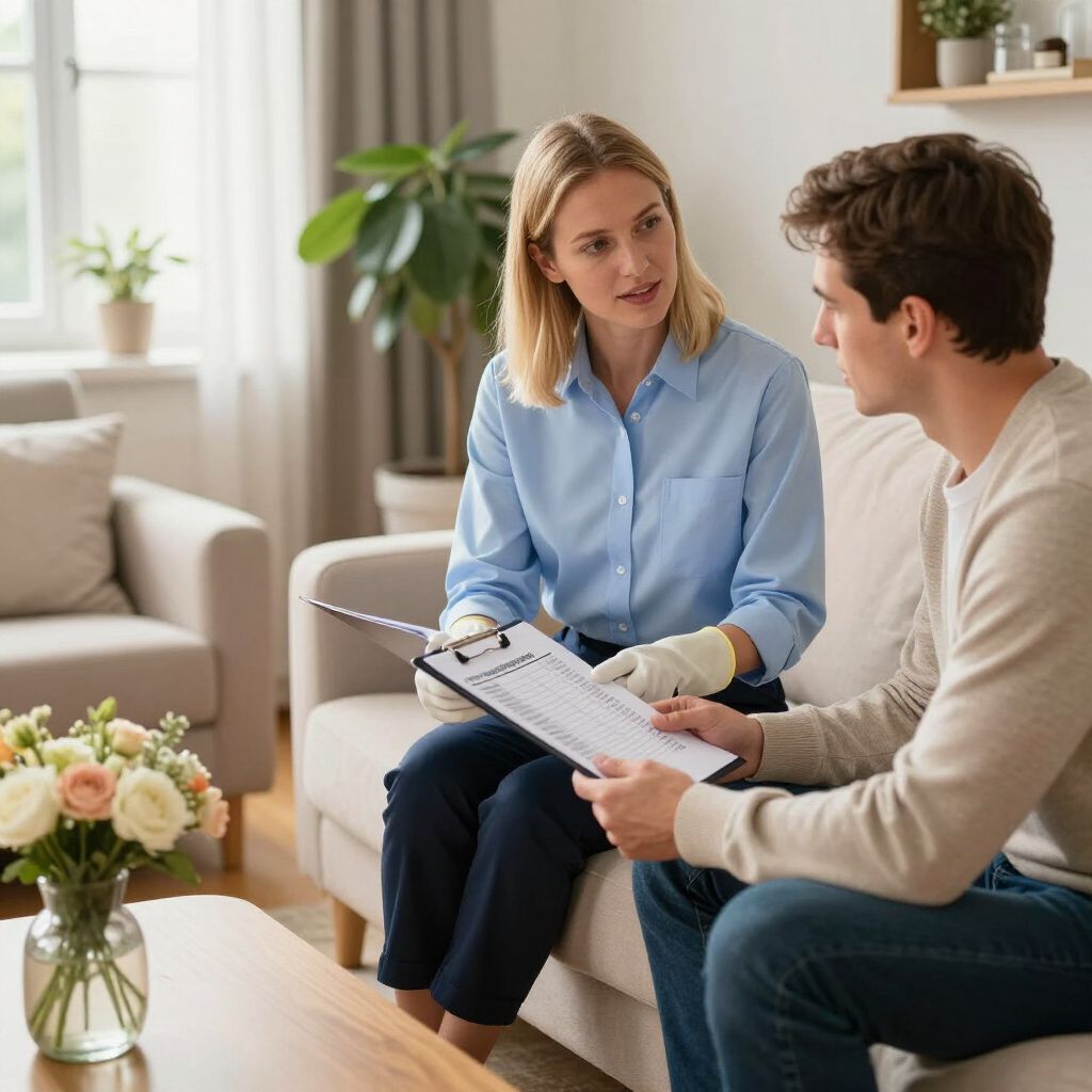 Woman in blue shirt discusses with man, both on a couch, holding a clipboard in a living room.