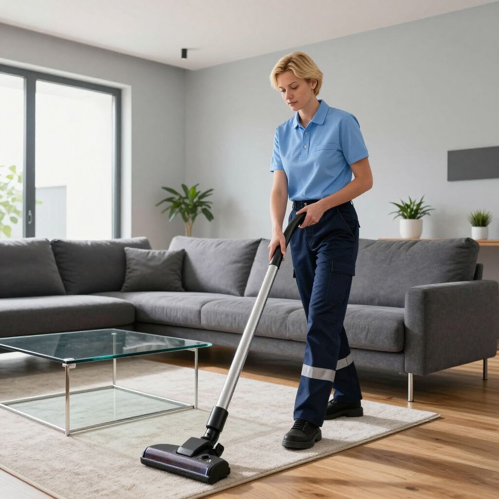 Woman vacuuming a rug in a modern living room. She wears blue work clothes.