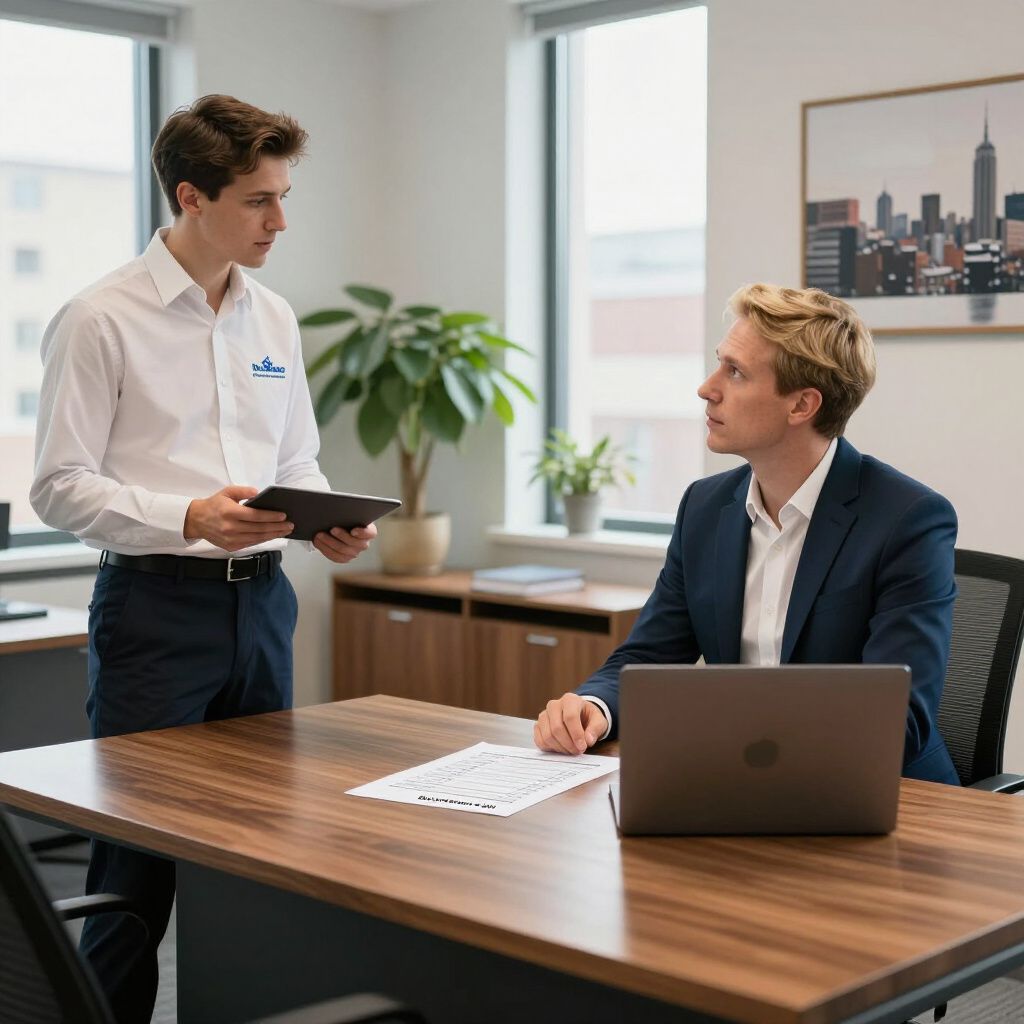 Two men in an office setting. One stands, holding a tablet; the other sits at a desk with a laptop and papers.