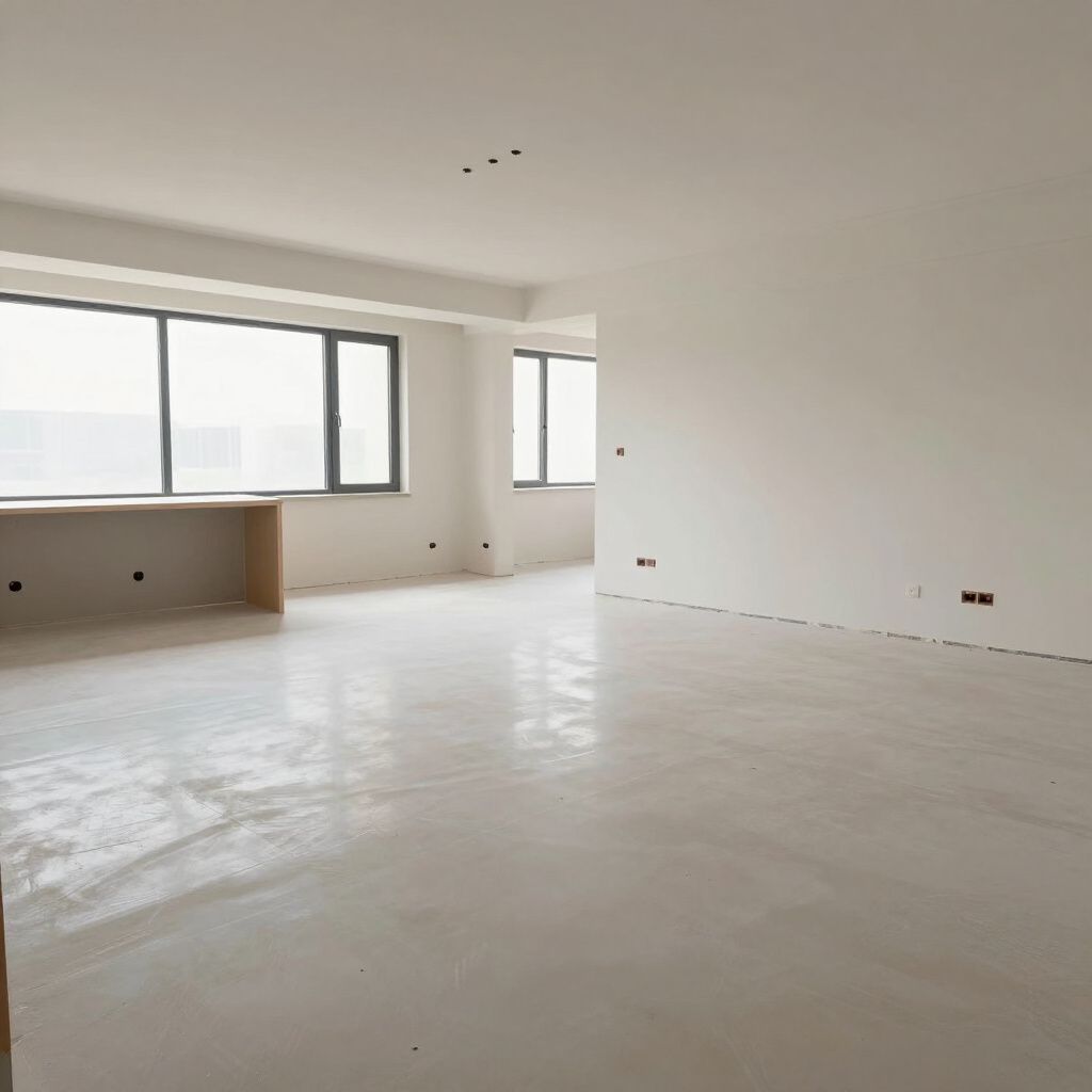 Empty room with white walls, large windows, and a light-colored floor.