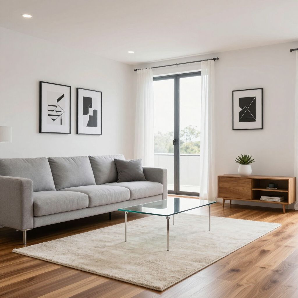 Modern living room with grey sofa, wooden floor, glass coffee table, and framed art.