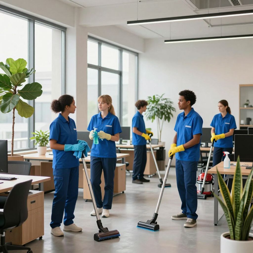 Office cleaners in blue uniforms and gloves vacuum and clean.