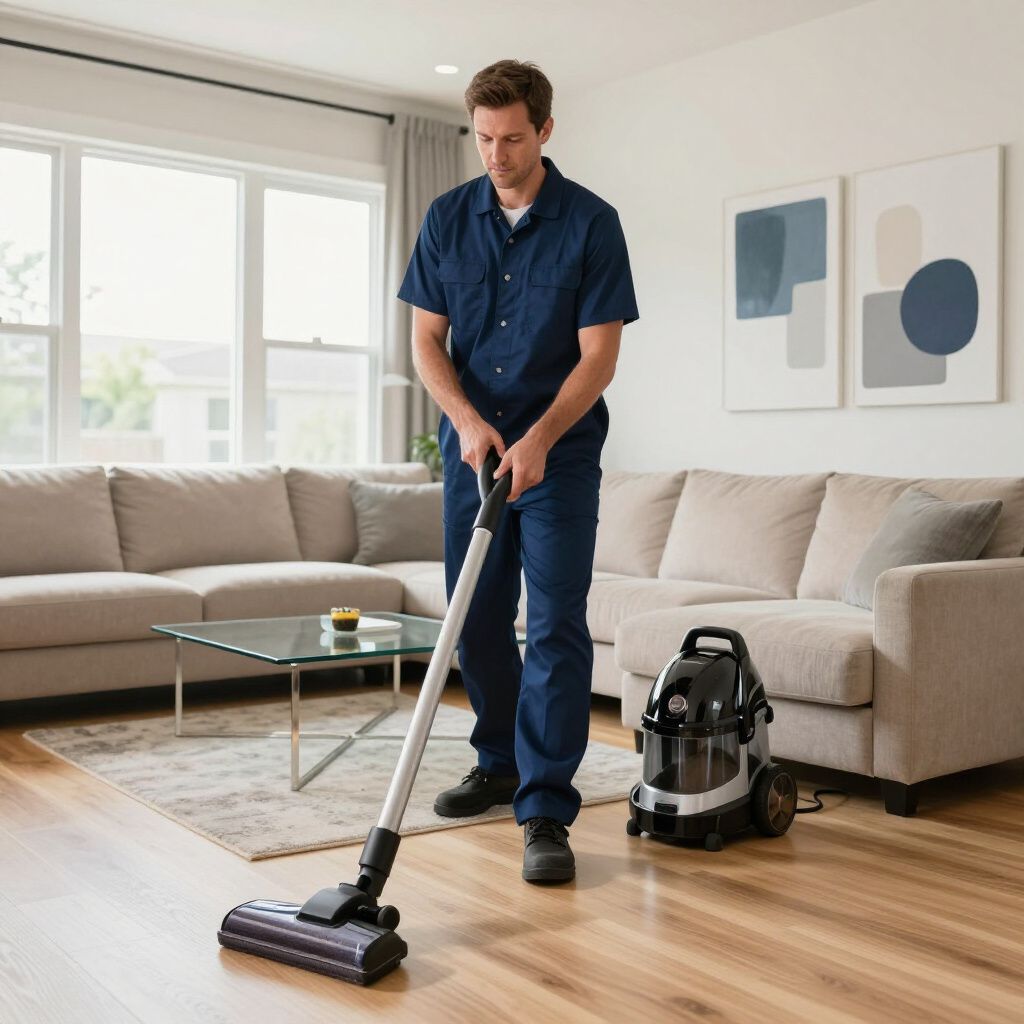 Man vacuuming wooden floor in living room. Vacuum cleaner is black and silver.