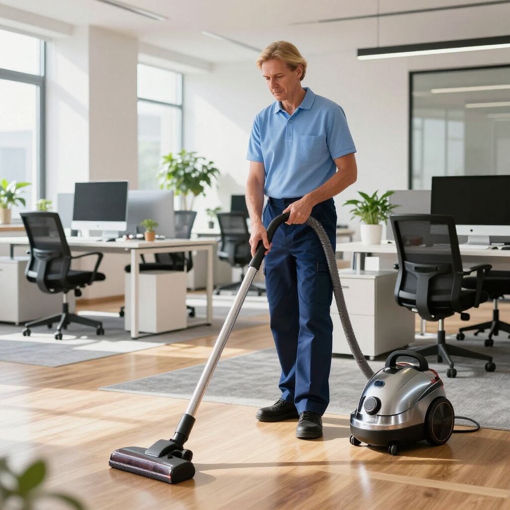 Man vacuuming an office floor, wearing blue uniform. Office setting with desks and plants.