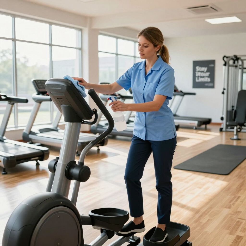 Woman in blue scrubs cleaning an elliptical machine in a gym.