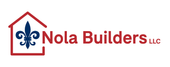 Nola Builders LLC logo with red house outline and blue fleur-de-lis icon